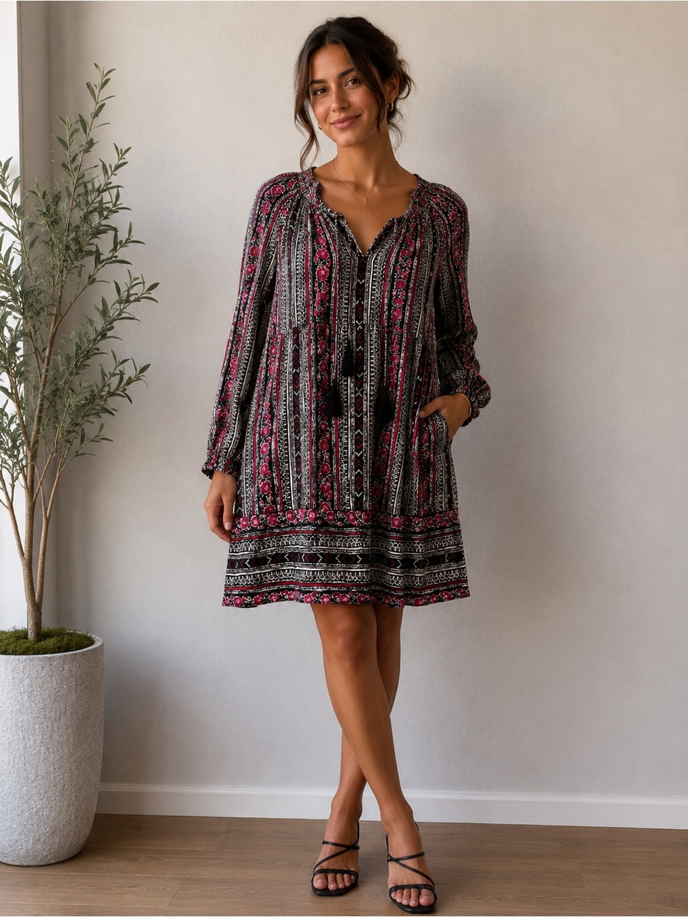 Express Black & Pink Striped Floral Peasant Tunic